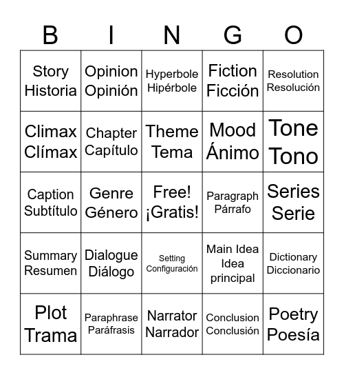 Family Literacy Night Bingo Card