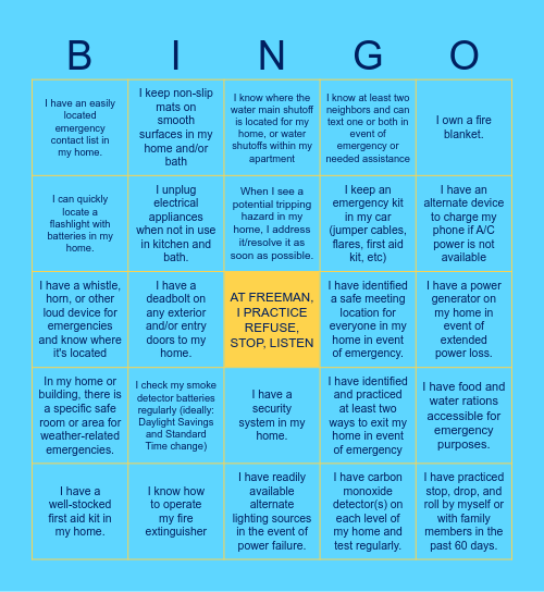 Safety Bingo Card