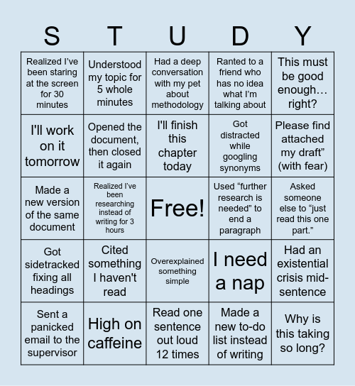 Thesis writing Bingo Card