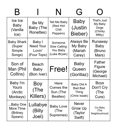 Baby Music Bingo Card