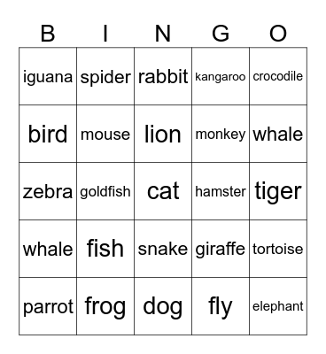 Animals Bingo Card