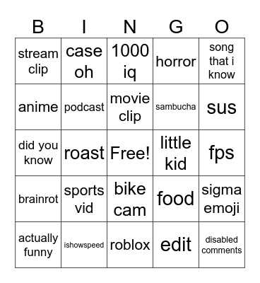 yt shorts bingo Card