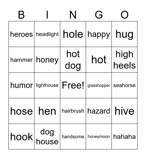 H Word Bingo Card