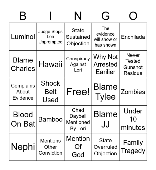 Lori Vallow Closing Bingo Card