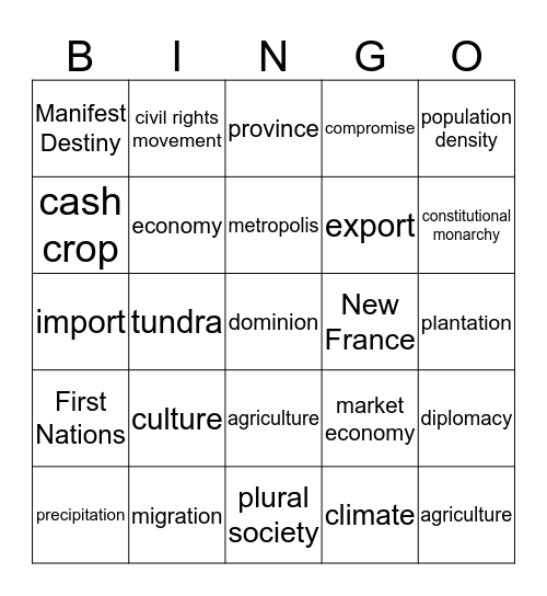 U.S & Canada Bingo Card