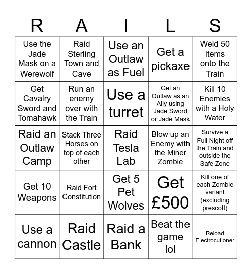 Dead Rails Bingo Card