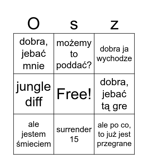 Onysz liga Bingo Card