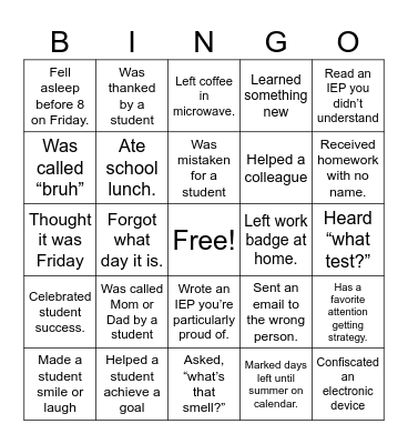 Special Education Teacher Bingo Card