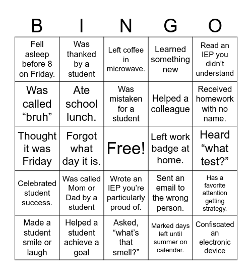 Special Education Teacher Bingo Card
