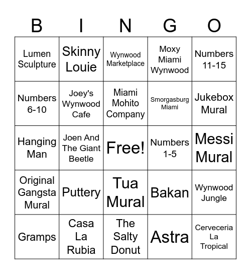Pedal Pub Miami Bingo Card