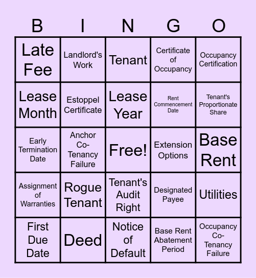 Lease Administration Bingo Card