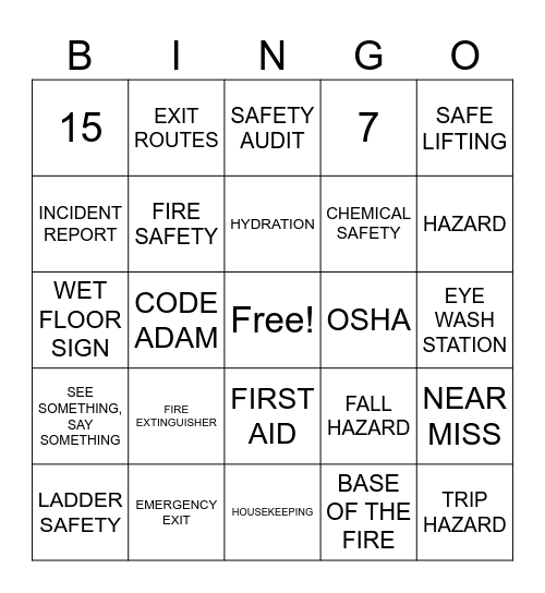 Safety Bingo Card