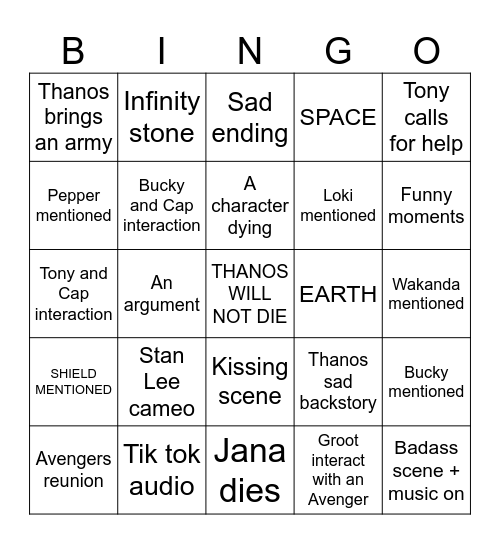 Bingo : Avengers infinity stone Bingo Card