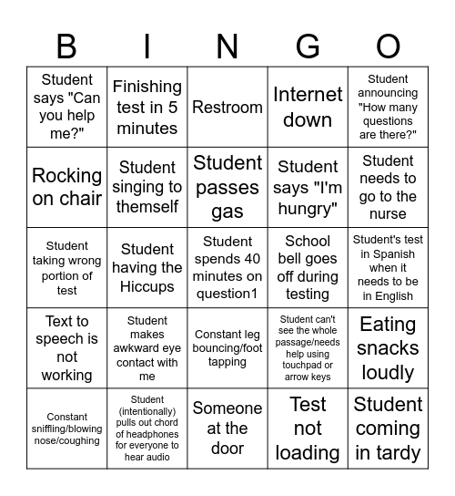 State Testing Hiccups Bingo Card