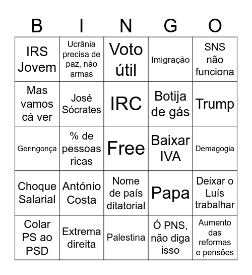 PS vs CDU Bingo Card