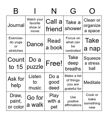 Coping Strategies Bingo Card
