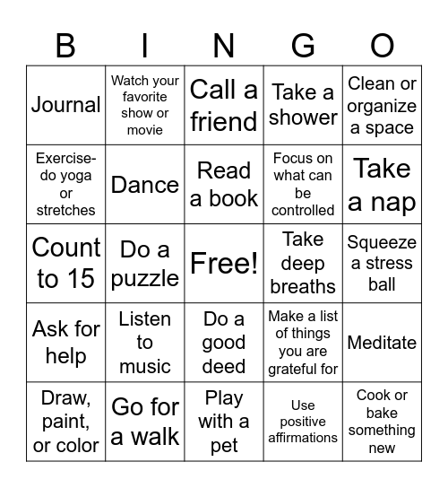 Coping Strategies Bingo Card