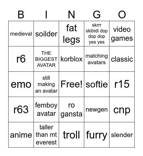 avatar catalog creator bingo Card