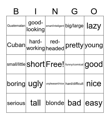 Adjectives Vocab Bingo Card