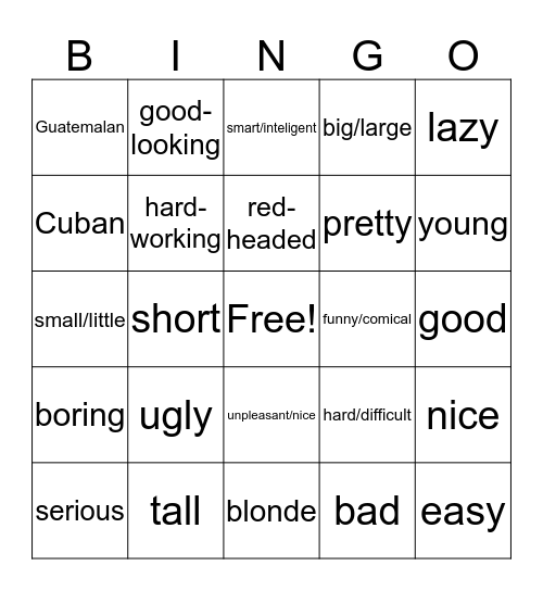 Adjectives Vocab Bingo Card