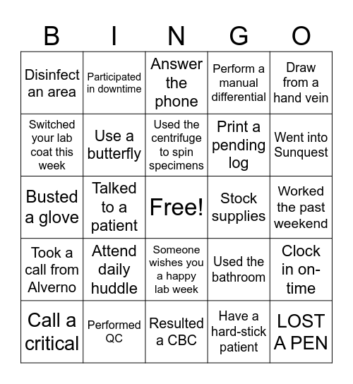 SJHC Alverno Lab Week Bingo Card