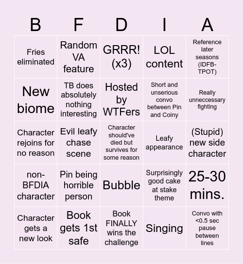 BFDIA 18 Predictions Bingo Card