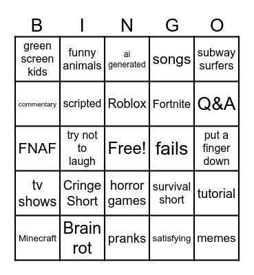 YOUTUBE SHORTS Bingo Card