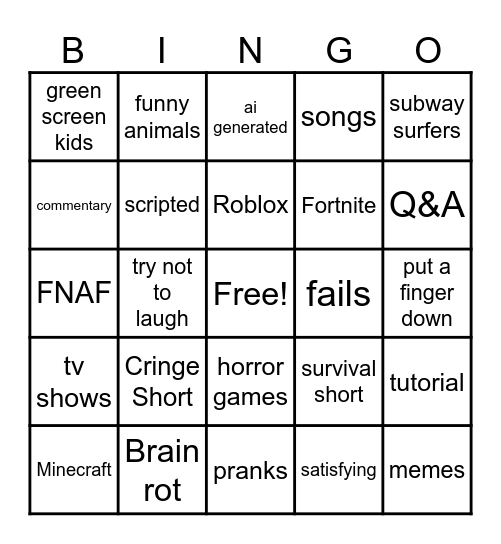 YOUTUBE SHORTS Bingo Card
