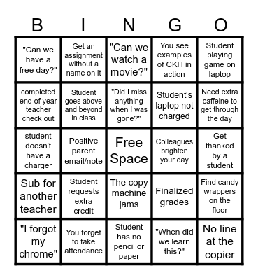 SBA Teacher's End-of-the-Year Bingo Card