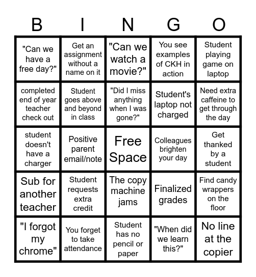 SBA Teacher's End-of-the-Year Bingo Card