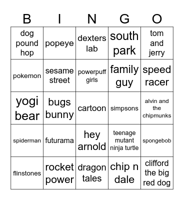 cartoon Bingo Card
