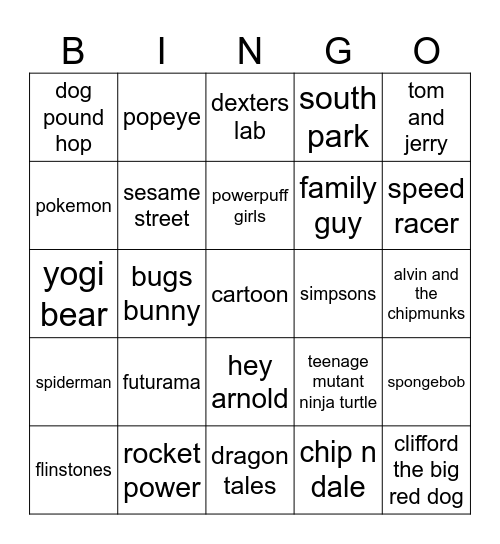 cartoon Bingo Card