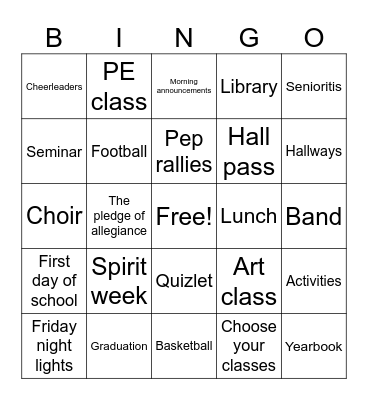 American highschool Bingo Card