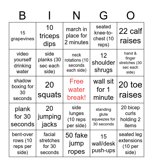 Deskercize Bingo Card