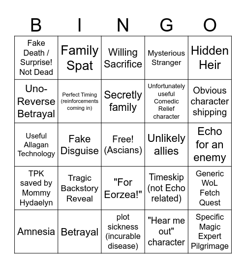 FFXIV MSQ Trope Bingo Card