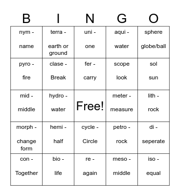 Root Word Bingo Card