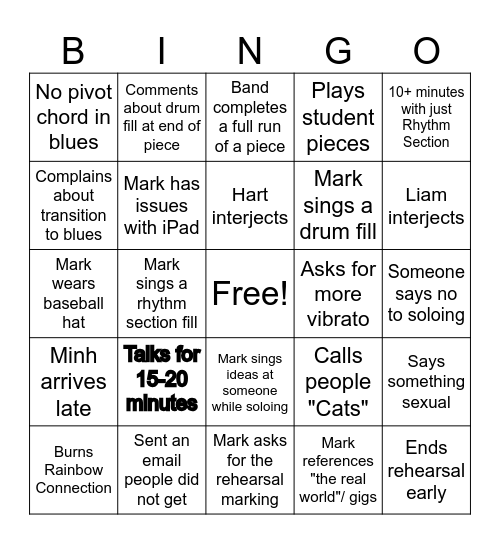Jazz Ensemble Bingo Card