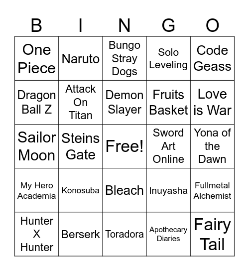 Shows Bingo Card