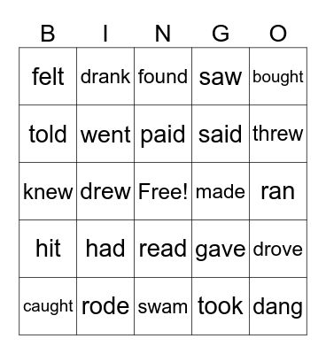 Past Tense Irregular Verbs Bingo Card