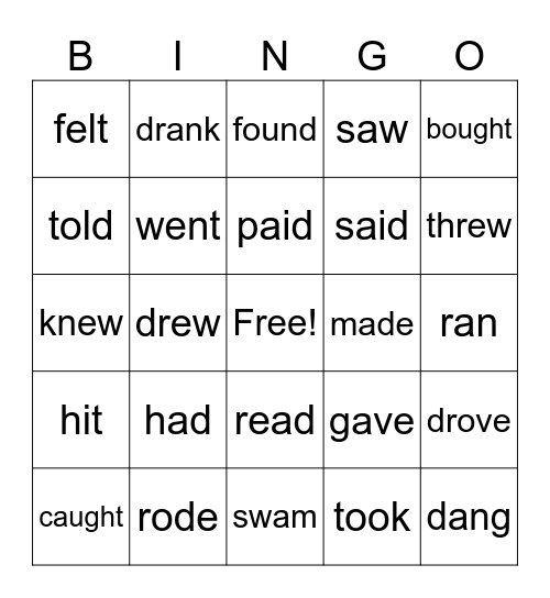 Past Tense Irregular Verbs Bingo Card
