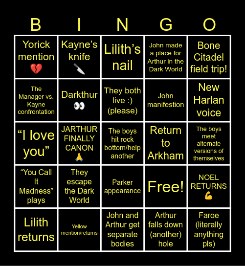 Malevolent S6 Bingo Card