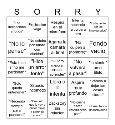 Disculpa generica de CC Bingo Card