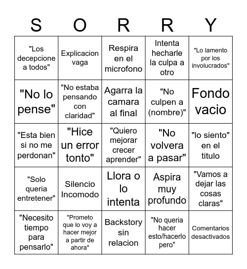Disculpa generica de CC Bingo Card