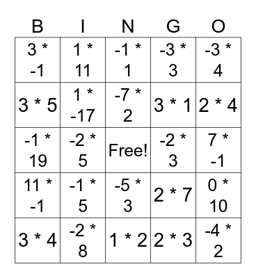 Multiplication Bingo Card