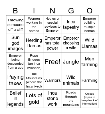 Emperor's New Groove- INCA! Bingo Card