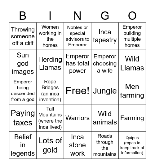 Emperor's New Groove- INCA! Bingo Card