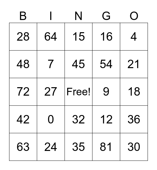 Multiplication Bingo Card