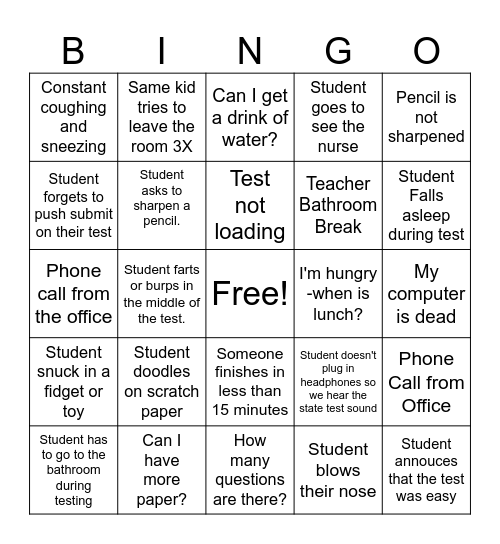 State Testing BINGO Card