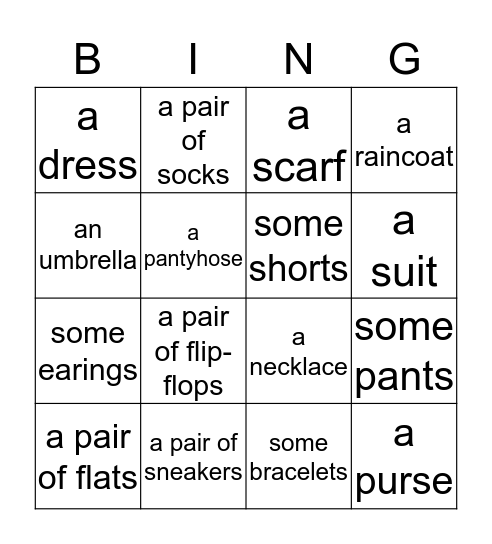 CLOTHING BINGO Card