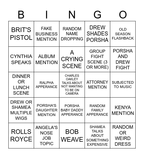ATL Housewives S16 EP 7 Bingo Card